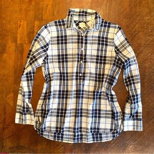 J. Crew White Black Blue Plaid Popover Shirt 100% Cotton Size S